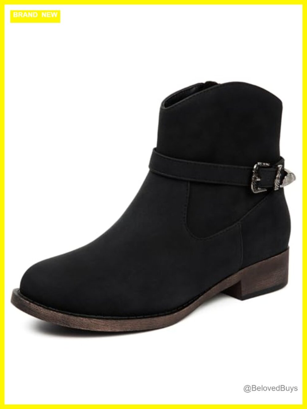 Women's Western Ankle Boots Low Chunky Heel Side Zipper Faux Leather